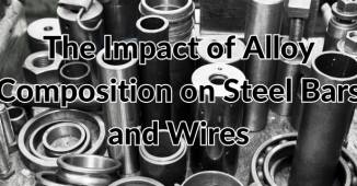 Various steel products sitting upright. Text overlays, "The Impact of Alloy Composition on Steel Bars and Wires."
